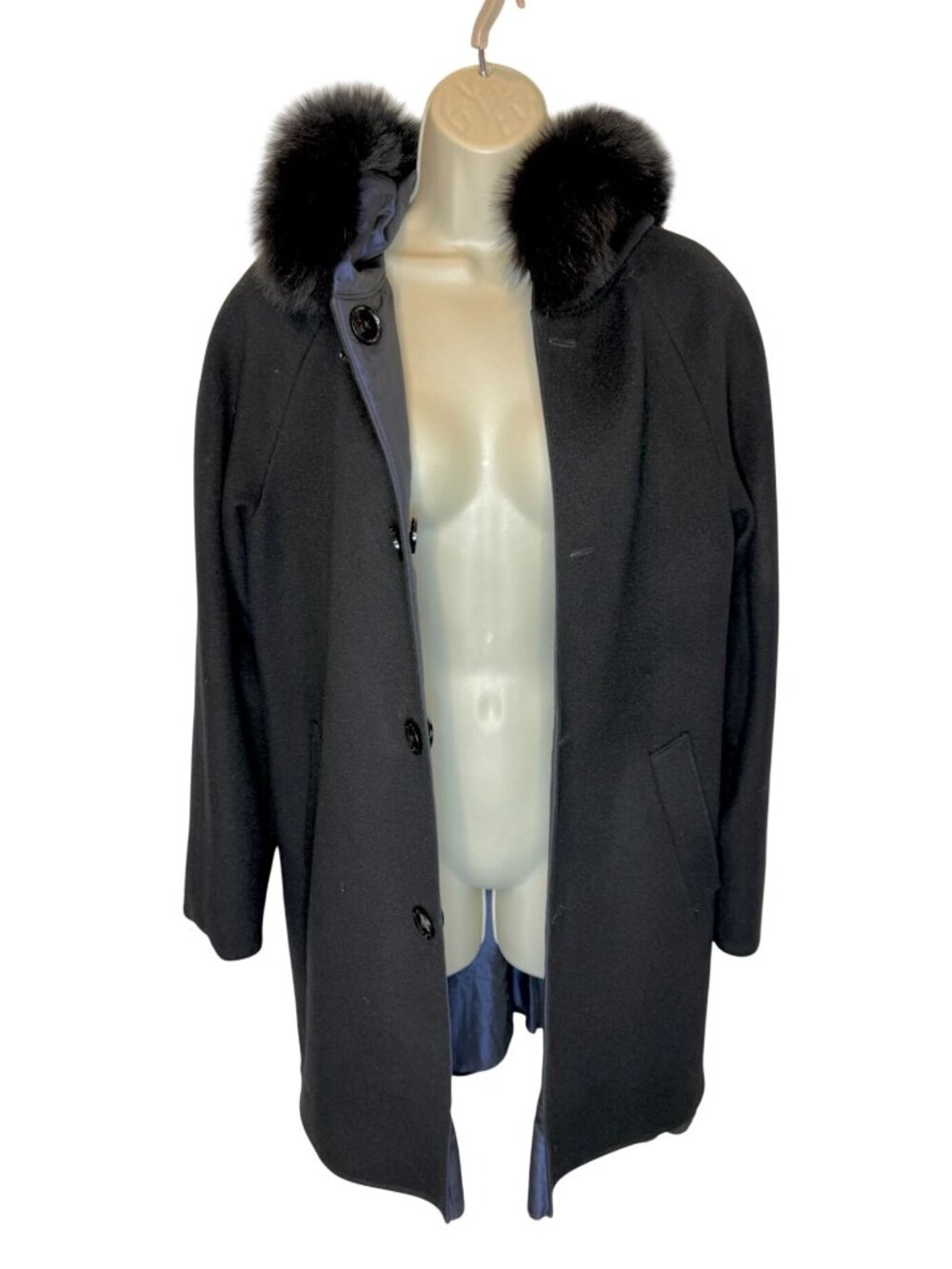 Sofia Cashmere Reversible Car Coat Fox Trimmed Hood Black Blue - Size 2 - Picture 4 of 9
